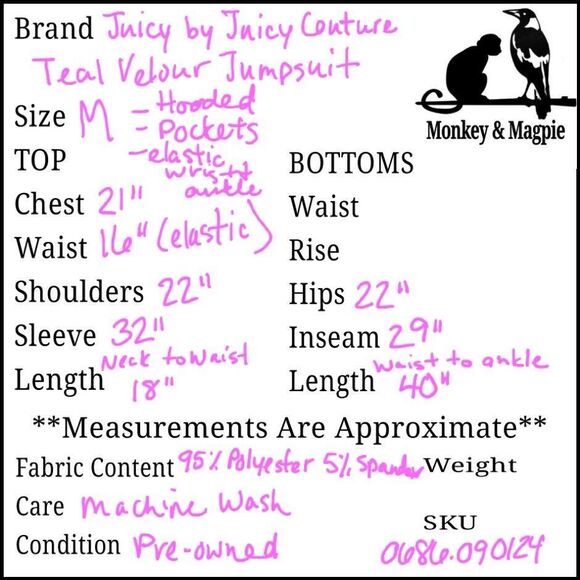 Juicy Couture Turquoise Teal VELOUR LOUNGEWEAR Hooded JUMPSUIT Medium - Picture 7 of 7